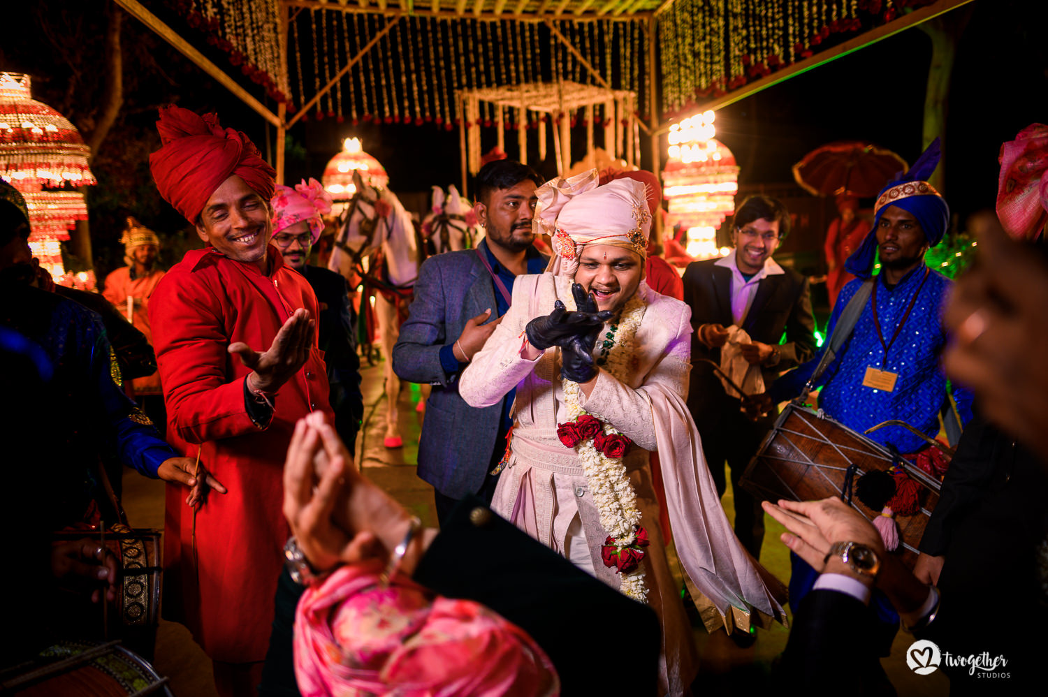 Groom dances in his baraat at a Jaipur destination wedding.