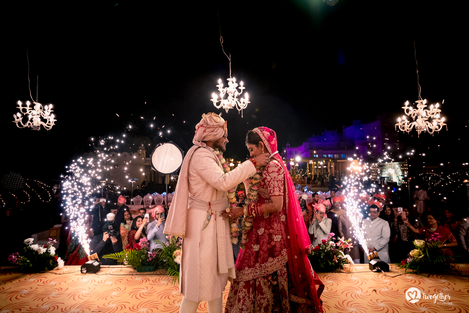 Jaimala ceremony at a Jaipur destination wedding.