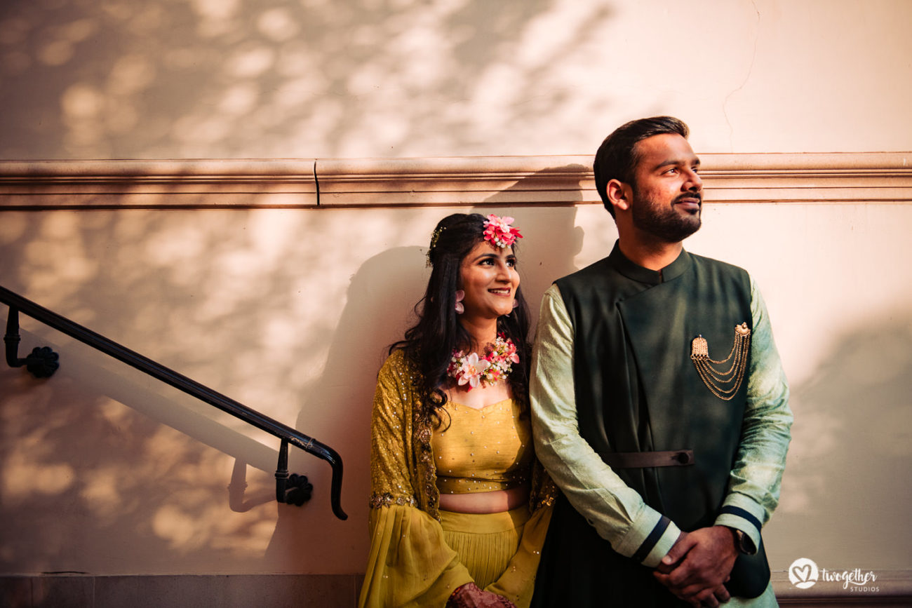 Couple sunset portrait on their mehendi in an ITC Grand Bharat wedding.
