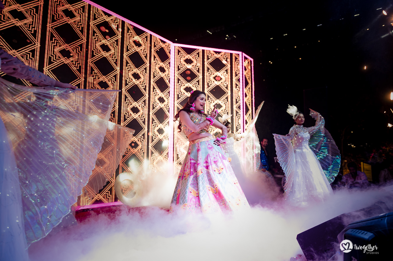Indian bride sangeet performance in a Delhi wedding.